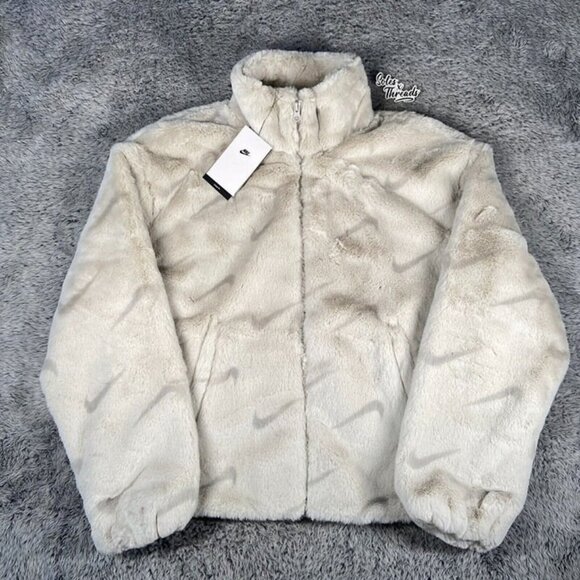 Nike NSW Plush Faux Fur Swoosh Jacket Size 2XL Women Light Bone DQ6842-072 - Picture 1 of 6